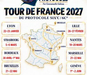Affiche du Tour de France 2027 du Protocole SIX'C / 6C : Lyon, Lille, Strasbourg, Nantes, Bordeaux, Marseille, Bruxelles, Genève
